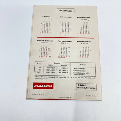 Vintage Addo-X Adding Machine Instruction Manual Malmö Sweden D8