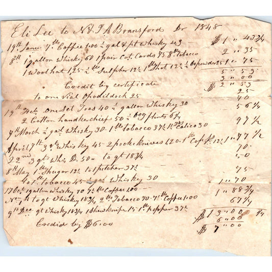 1848 Handwritten Receipt Eli Lee to J.A Bransford Westover Covington Co AL AD6