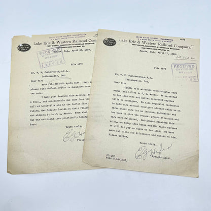 1919 Lake Erie & Western Railroad Co. Letterhead Memo RR Lot of 2 AB1-1