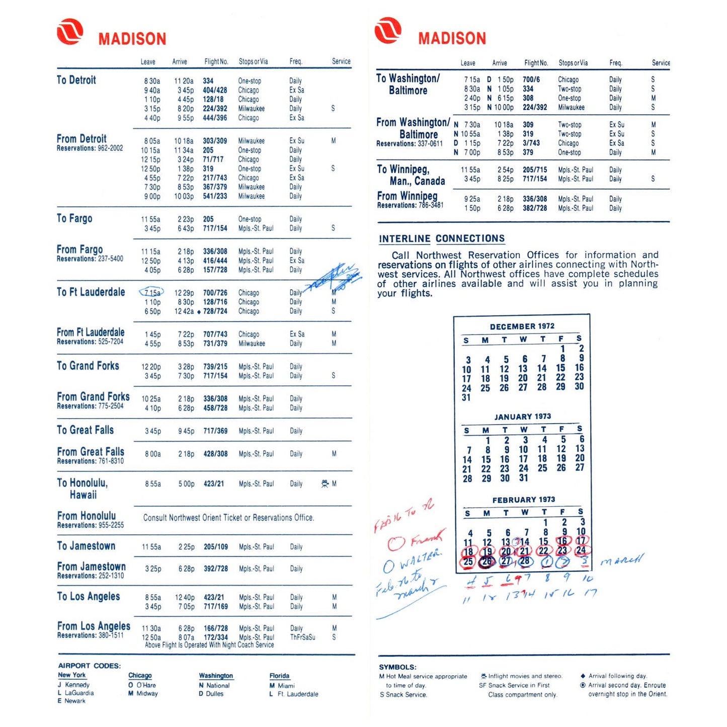 1972 Northwest Orient Airlines City Timetable Madison Route Map SE4