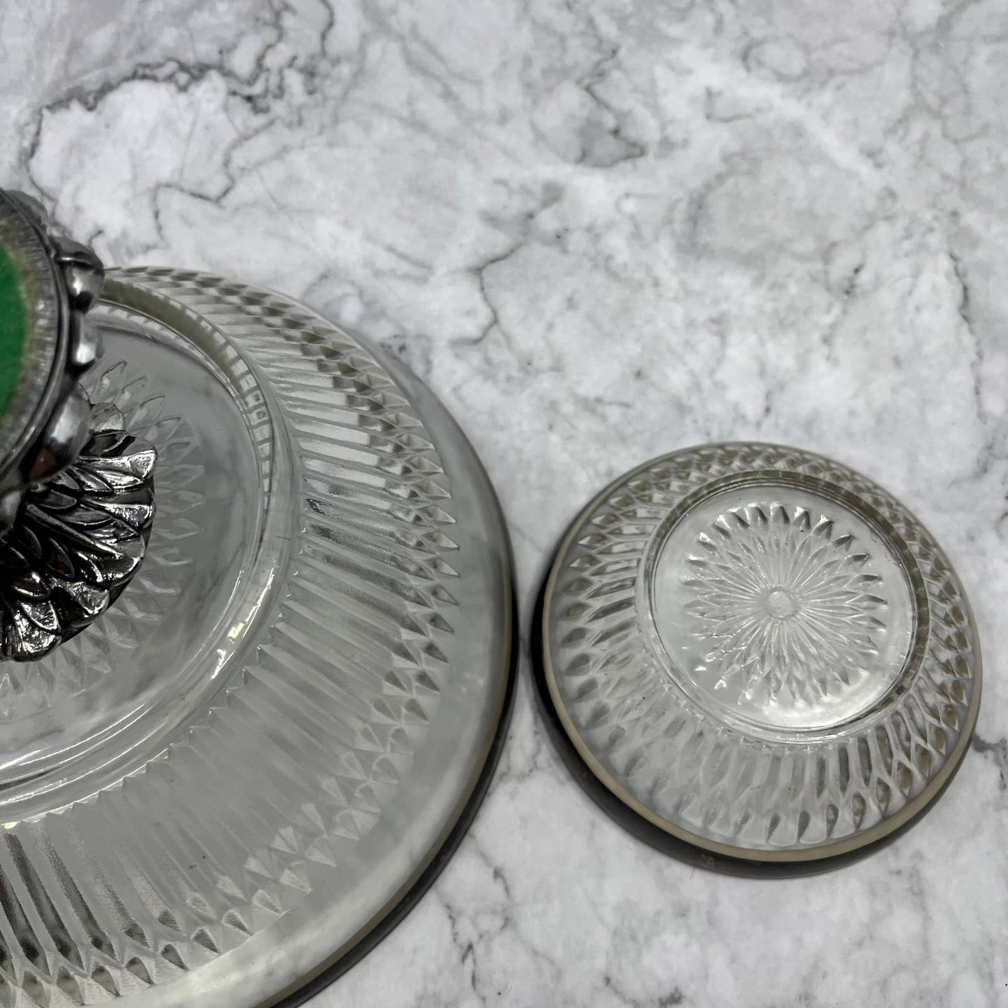 Vtg Pedestal Crystal Chip and Dip Bowl Set Fruit Bowl w/ Metal Rim & Base TE3