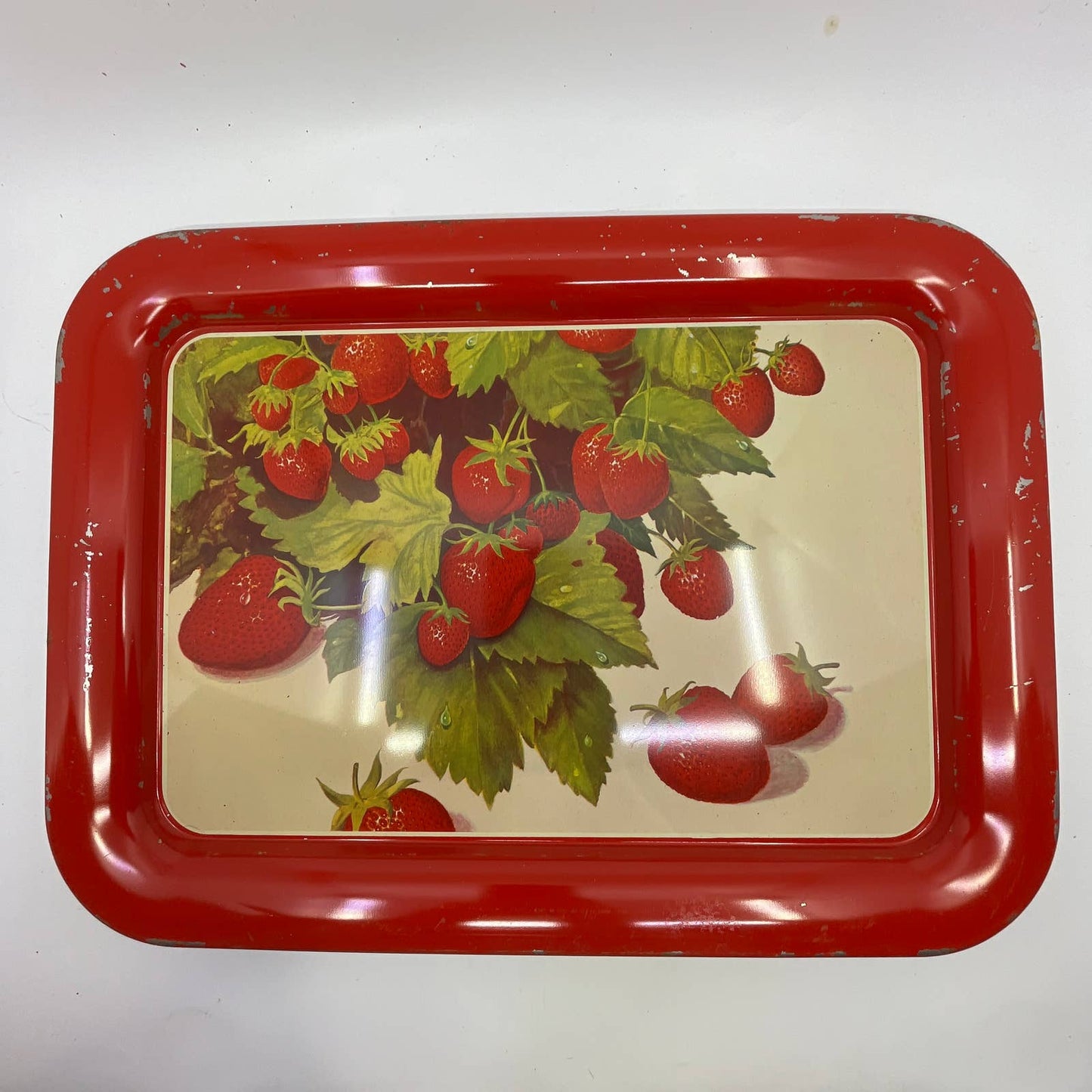 Vintage Set of 2 MCM Strawberry Toleware Tin Litho Trays 17.5 x 13” TI2-2