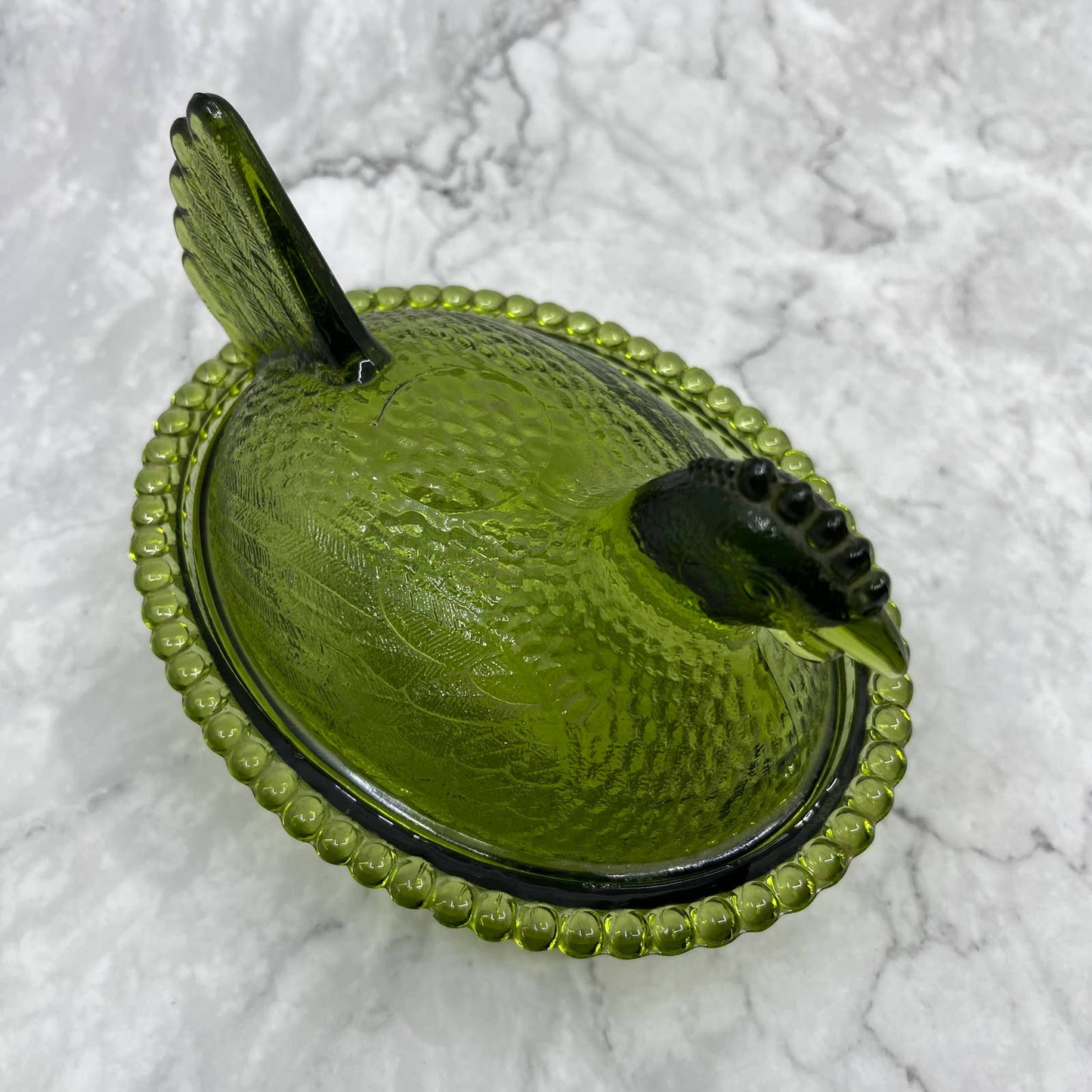 Vintage Nesting Hen Green Avocado Indiana Glass Hen on Nest Candy Dish ~7x5" TI6