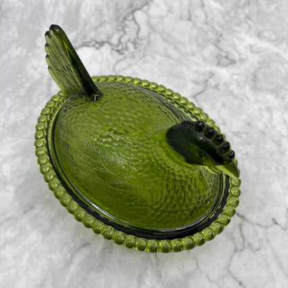 Vintage Nesting Hen Green Avocado Indiana Glass Hen on Nest Candy Dish ~7x5" TI6