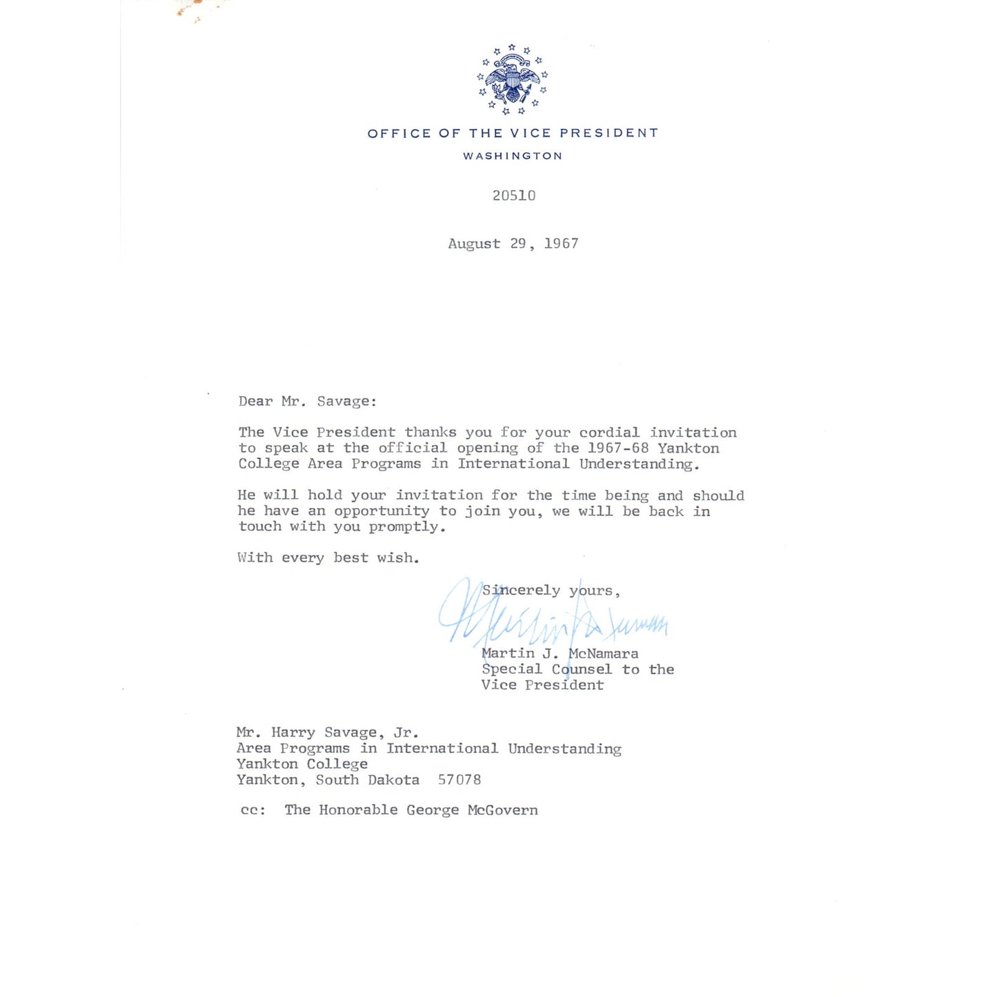 Vice President Official Letterhead Signed Martin J. McNamara Aug 29 1967 B11
