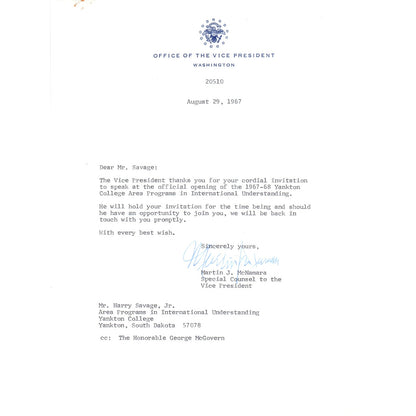 Vice President Official Letterhead Signed Martin J. McNamara Aug 29 1967 B11