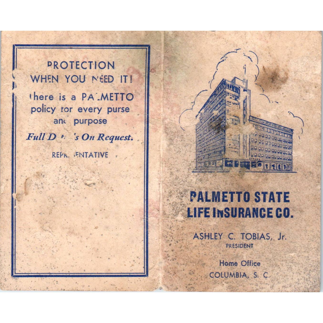 Antique Business Card Palmetto State Life Ashley C. Tobias Columbia SC SE5