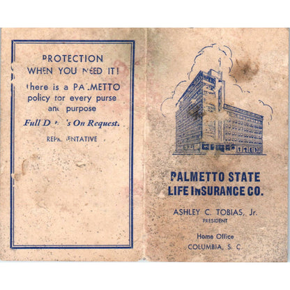 Antique Business Card Palmetto State Life Ashley C. Tobias Columbia SC SE5