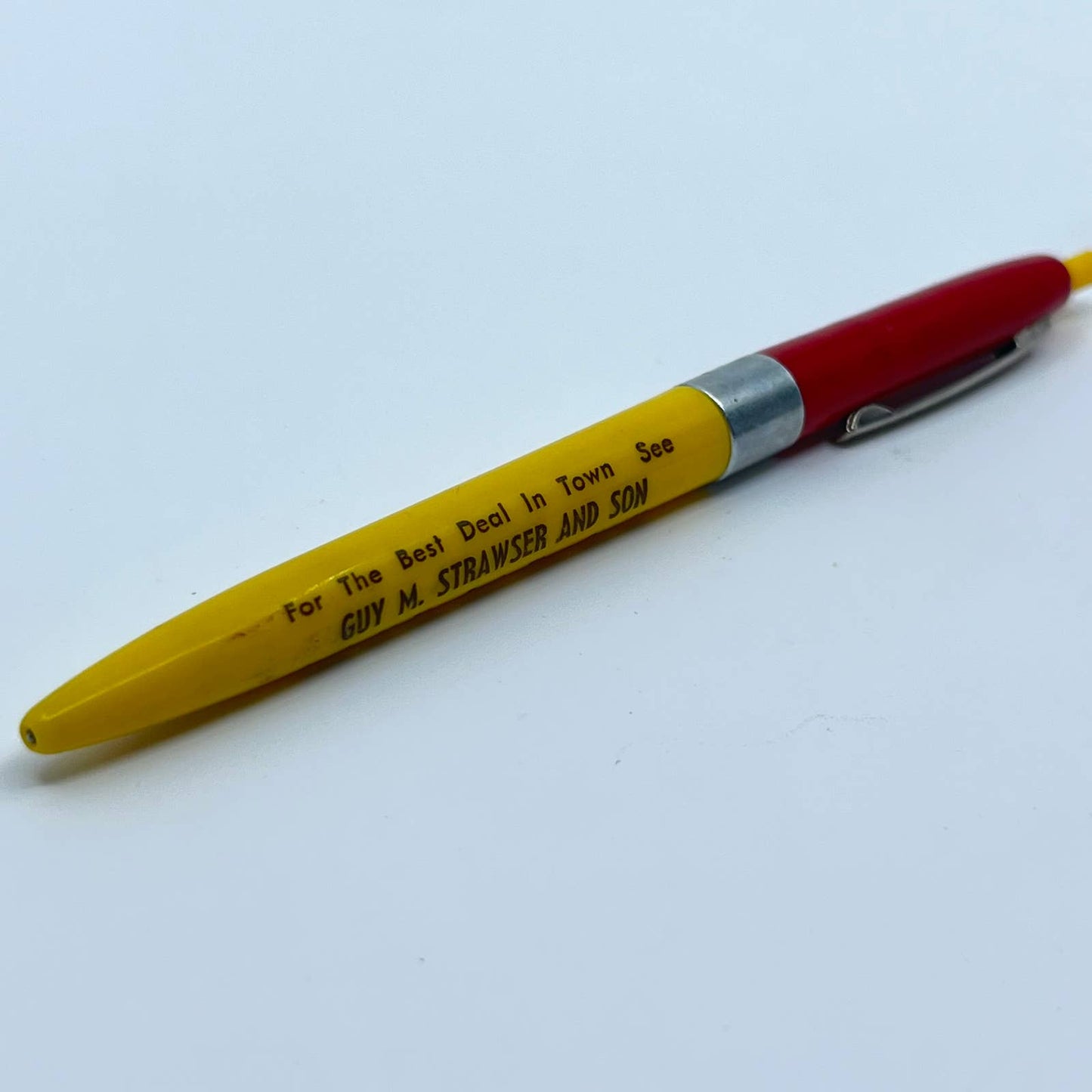 VTG Advertising Pen Red/Yellow Guy Strawser and Son Used Cars Millersburg PA SC3