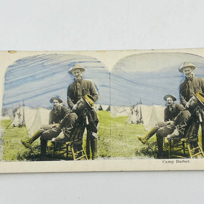 1898 Stereoview Card Tinted Spanish-American War US Army Troops w/ Camp Barber