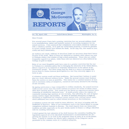 Senator George McGovern Reports Newsletter April 1968 Original B16