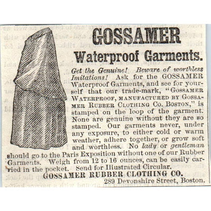 1878 Magazine Ad - Gossamer Waterproof Garments Devonshire St Boston SF2