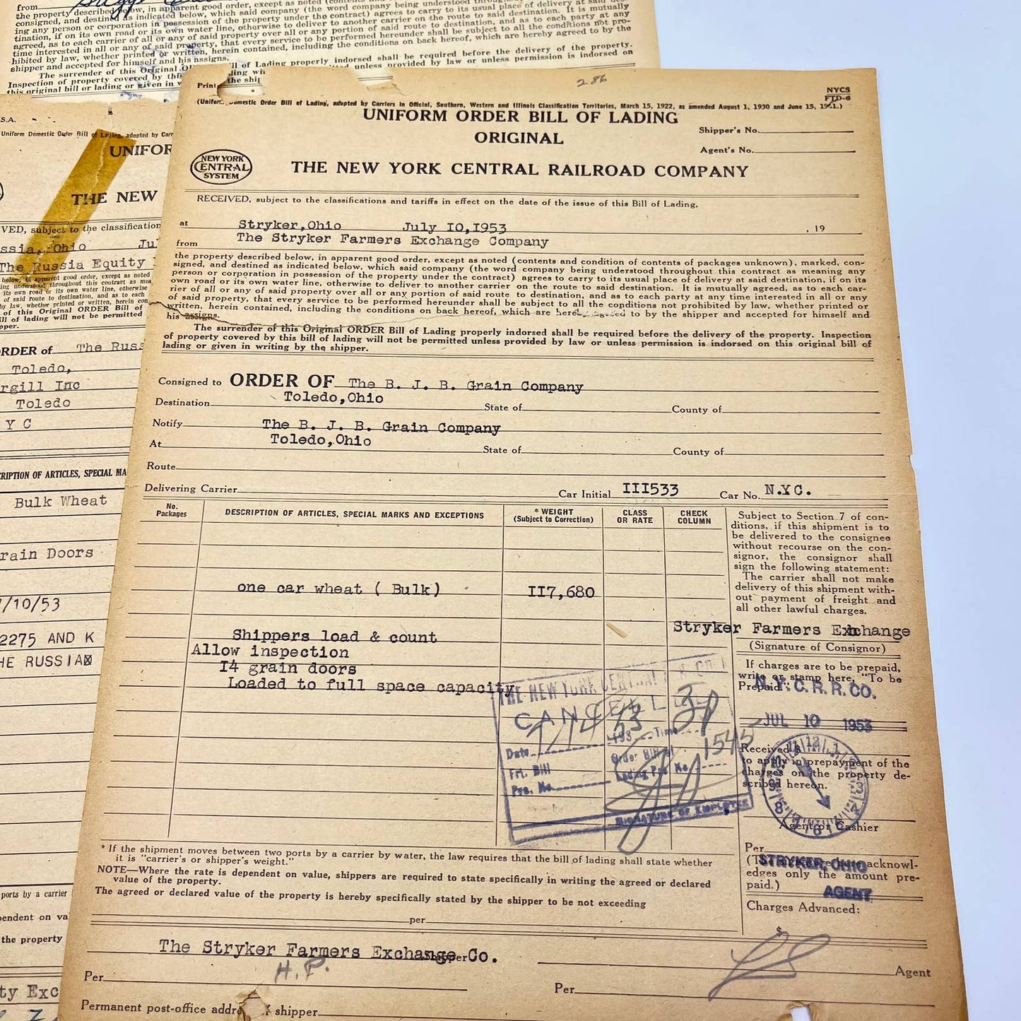 1953 The New York Central Railroad Co RR Original Bill of Lading Lot of 10 AB1-2