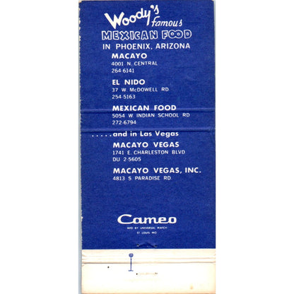 Woody's Famous Mexican Food Phoenix AZ Advertising Matchbook Cover MM10-3