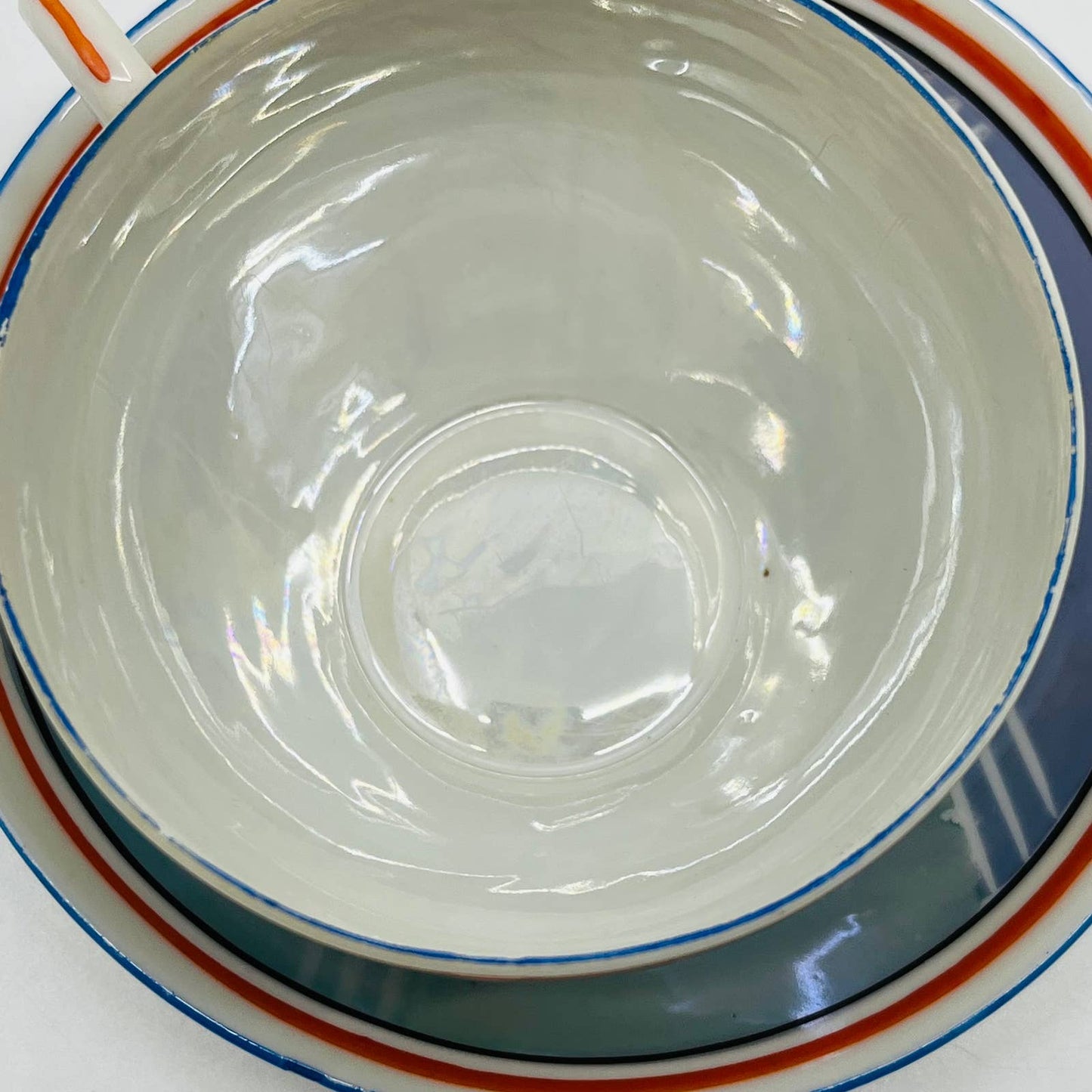 Vtg RARE Japanese Iridescent Opal Lusterware Blue Stripe Cup and Saucer Set TC2