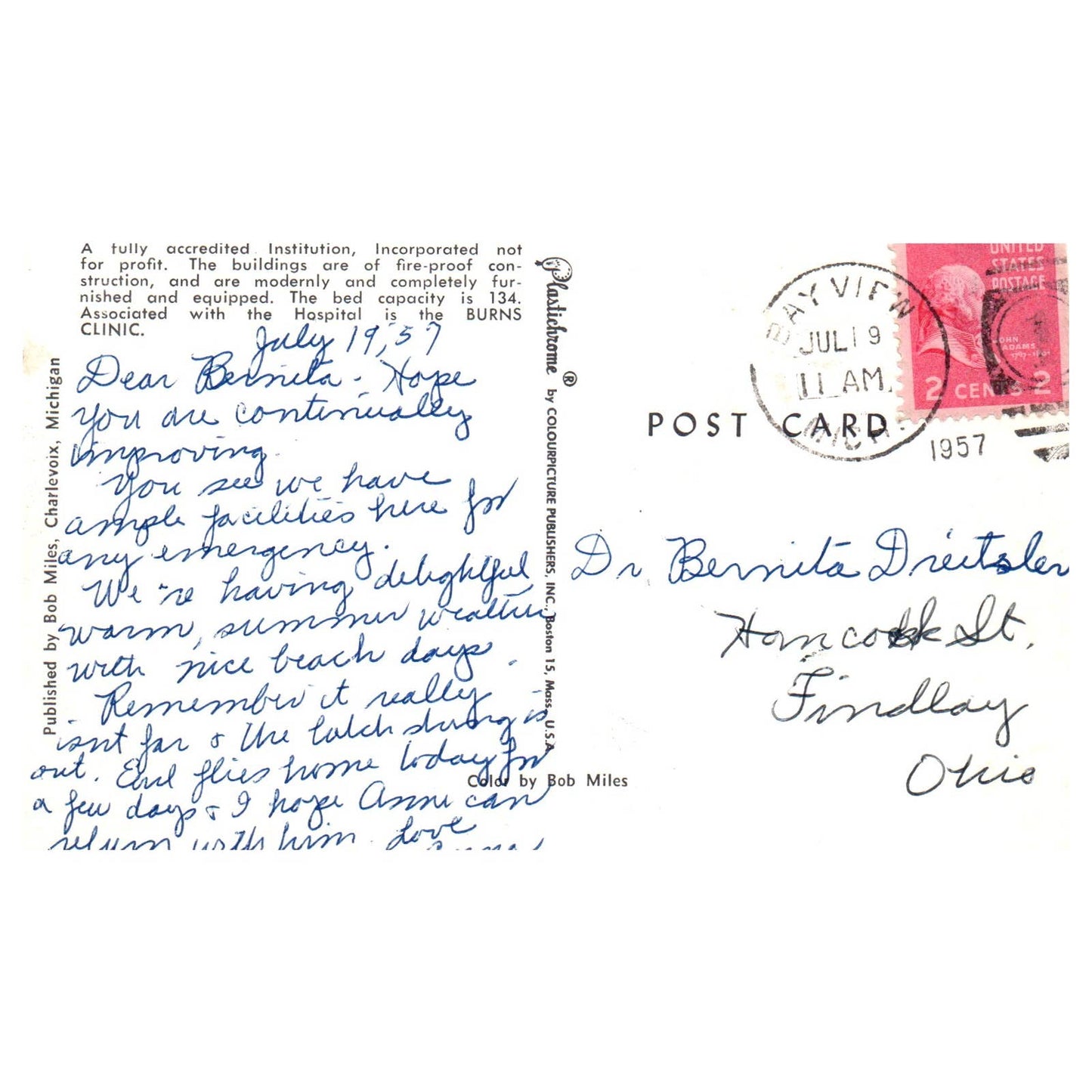 Vintage Postcard Little Traverse Hospital Burns Clinic Charlevoix MI 1957 TJ7-1