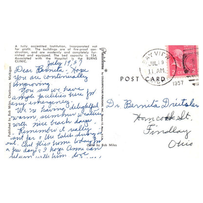 Vintage Postcard Little Traverse Hospital Burns Clinic Charlevoix MI 1957 TJ7-1
