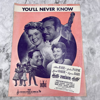 "YOU'LL NEVER KNOW" 1943 Piano Sheet Music Gordon, Warren Hello Frisco TH1