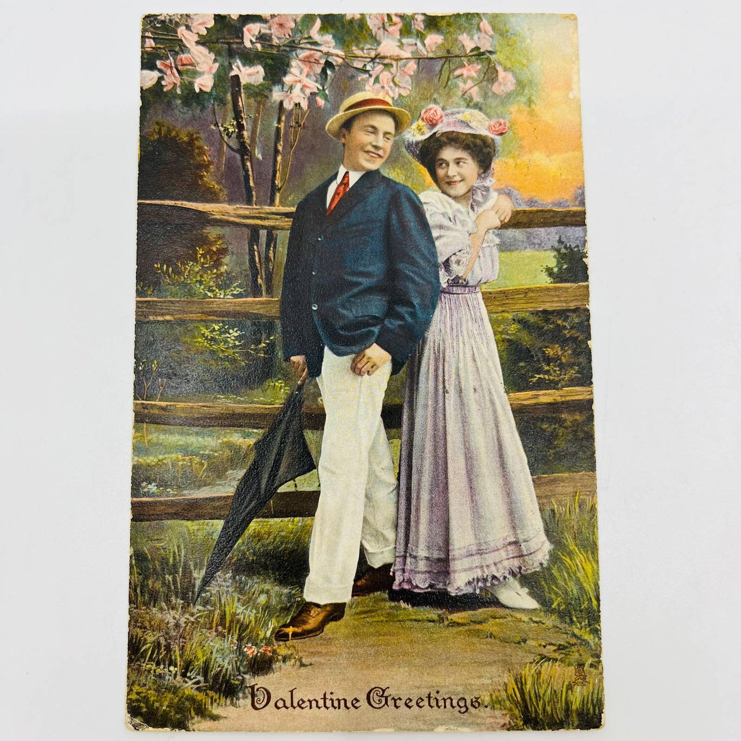 1909 Valentine’s Post Card Raphael Tuck Victorian Couple Sunset Pink Flowers PA3