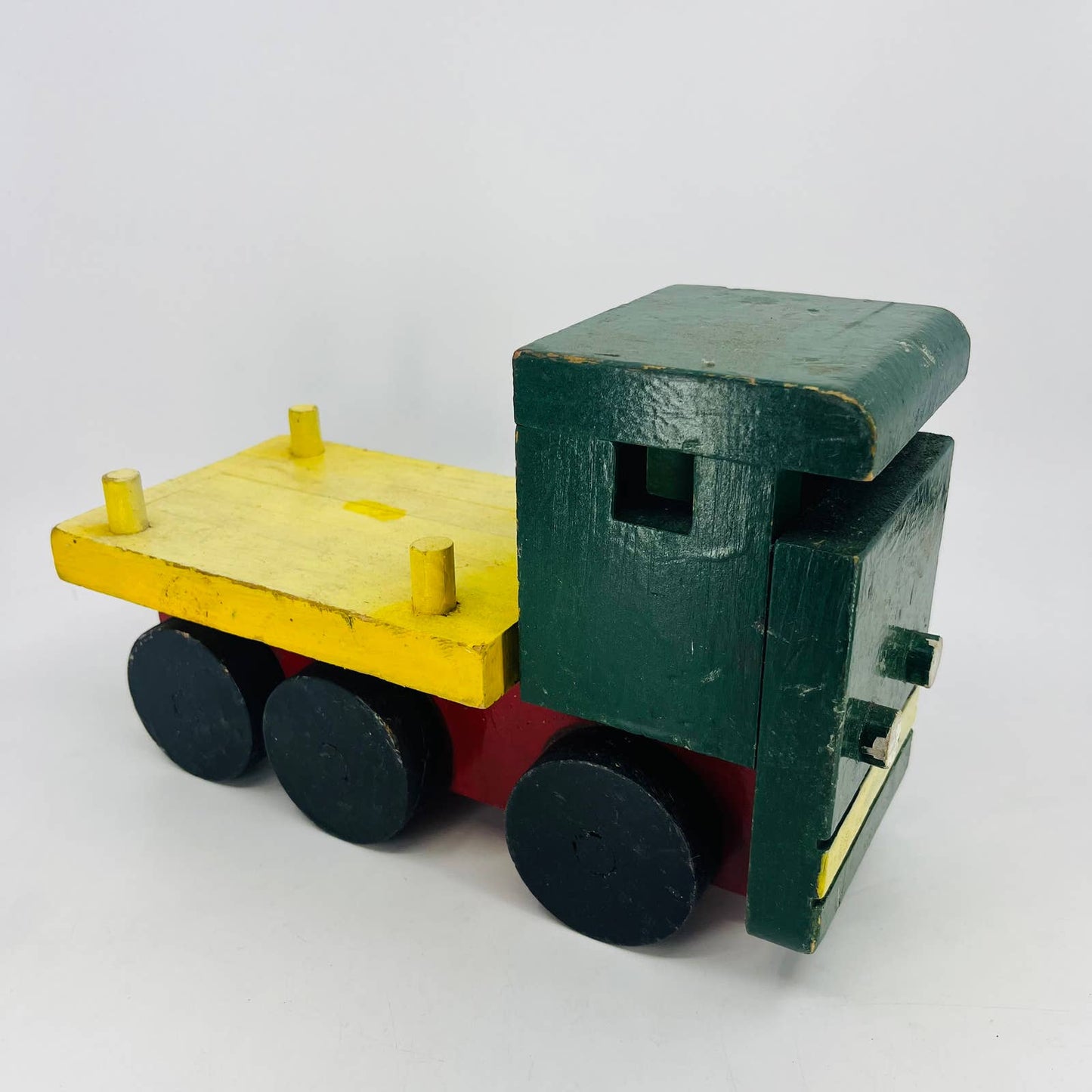 1960s Large Handmade Wooden Toy Semi Truck Tractor Trailer 11x7” TD9