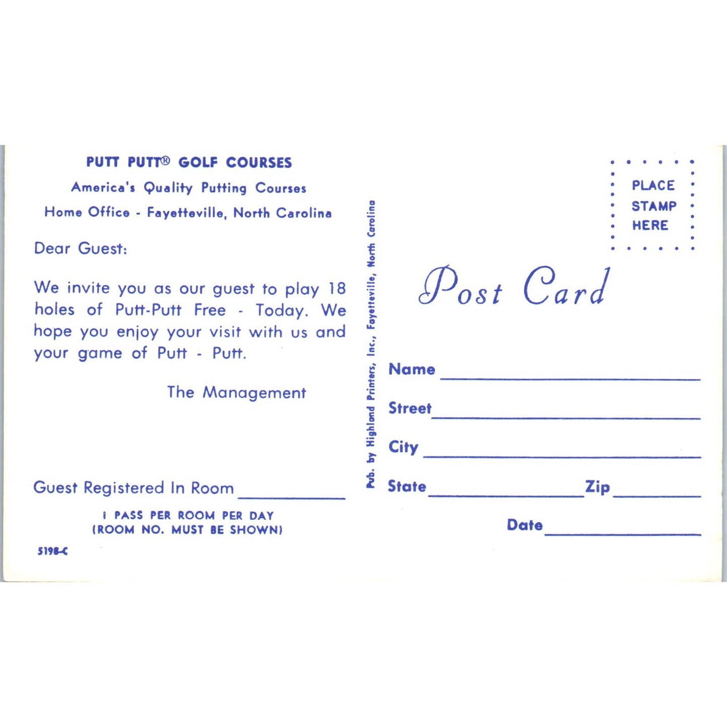 Putt-Putt Golf Courses Fayetteville North Carolina Original Postcard TK1-23