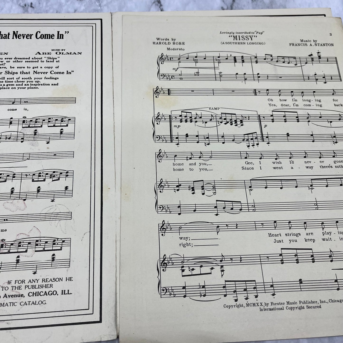 1920 MISSY - A SOUTHERN LONGING sheet music Francis A. Stanton Harold Rose V39-3