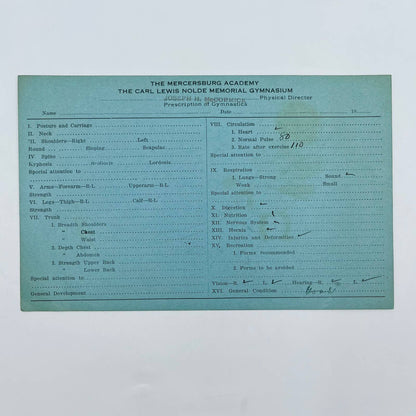 1940s Mercersburg Academy PA Physical Assessment Card Joseph H. McCormick D3