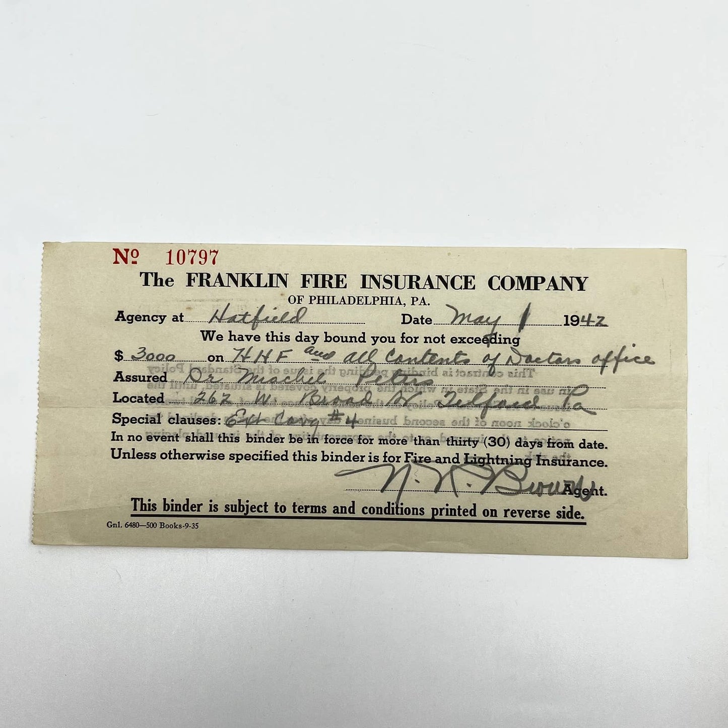 1942 The Franklin Fire Insurance Company Receipt Philadelphia PA D7