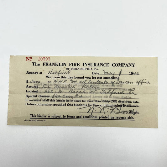 1942 The Franklin Fire Insurance Company Receipt Philadelphia PA D7