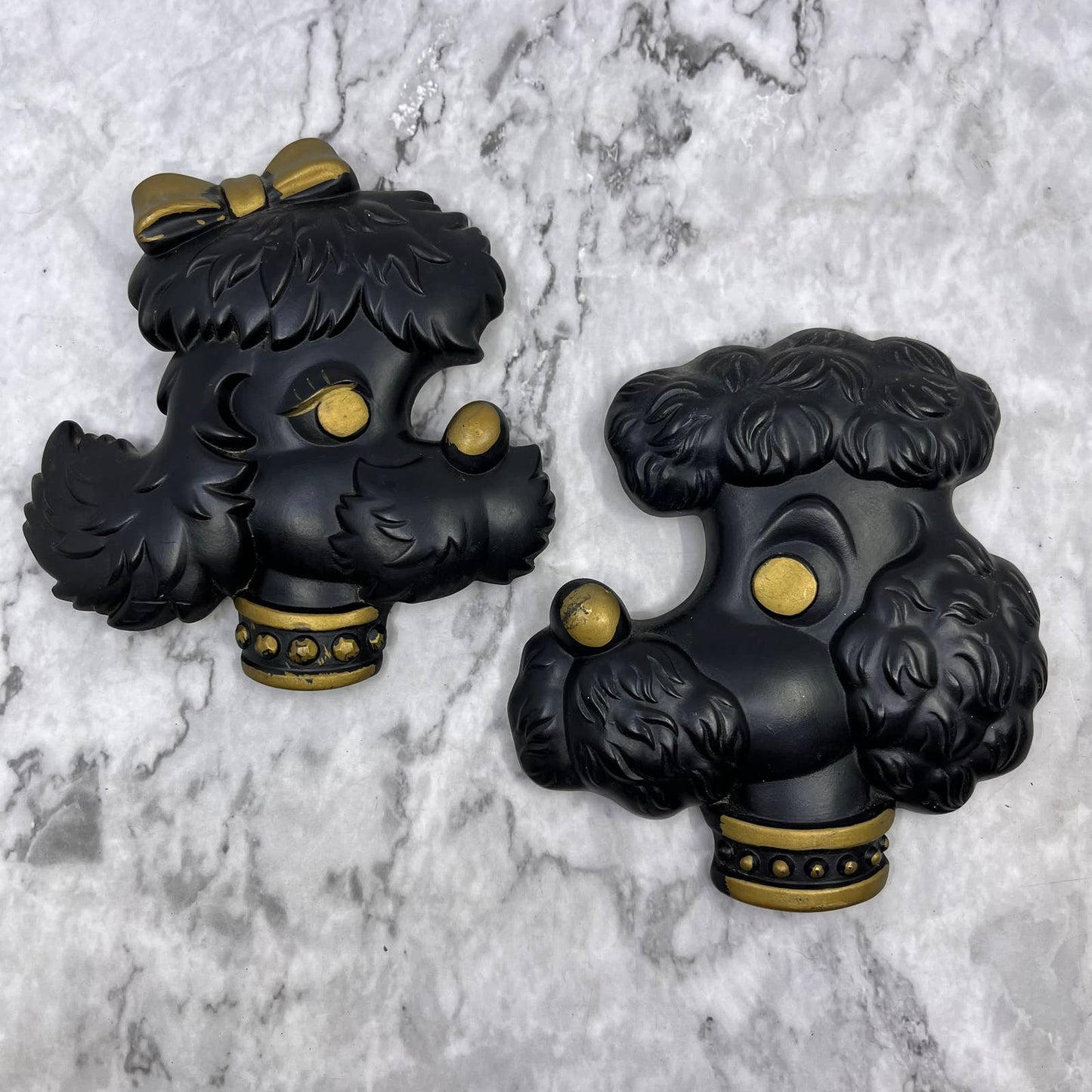 1970s MCM Miller Studio Black & Gold Poodles Wall Hangings Chalkware TH1-2