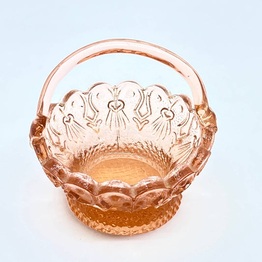 Vtg Pink Depression Glass Miniature Trinket Basket Applied Handle 3” TF5