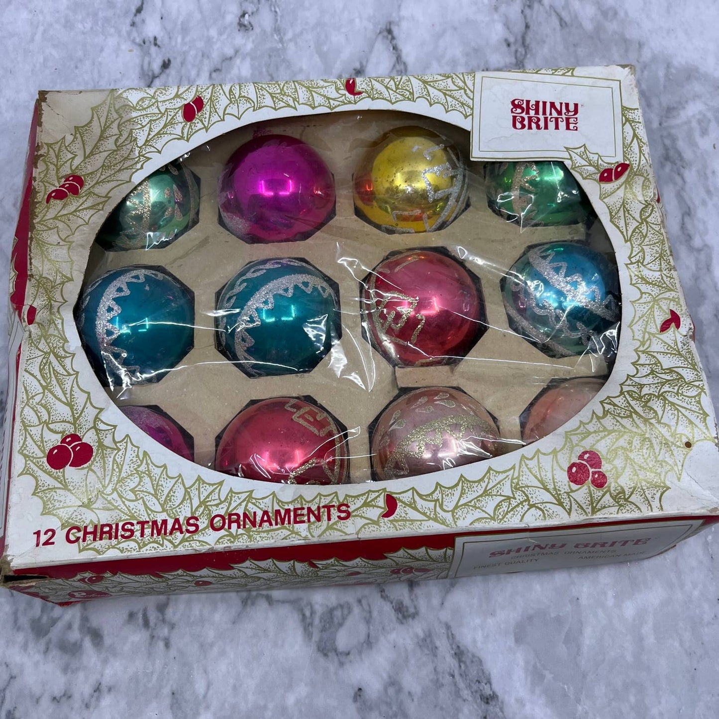 Shiny Brite 12 Vtg 2 1/4" Mercury Glass Ornaments Original Box Mica Stencil OT1