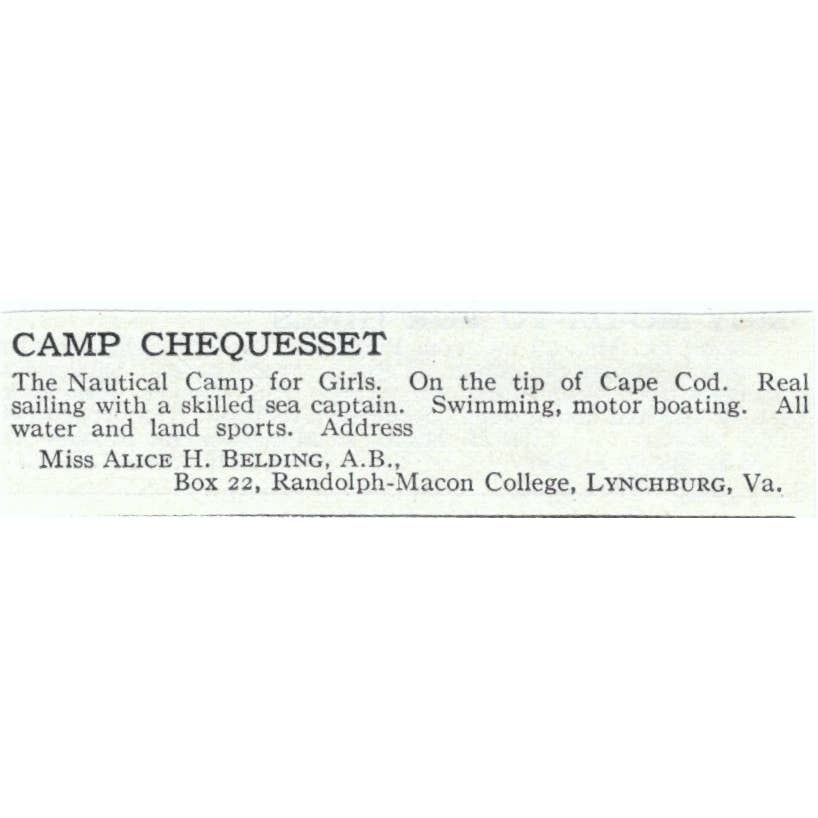 Camp Chequesset Alice H. Belding Cape Cod - 1921 Original Ad TJ7-S6