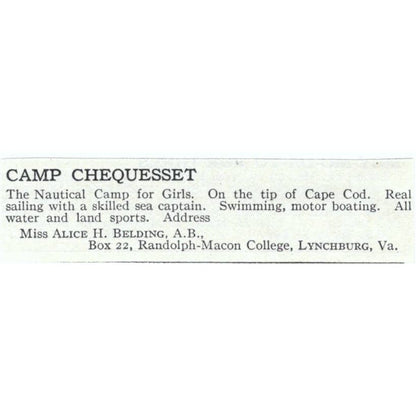 Camp Chequesset Alice H. Belding Cape Cod - 1921 Original Ad TJ7-S6
