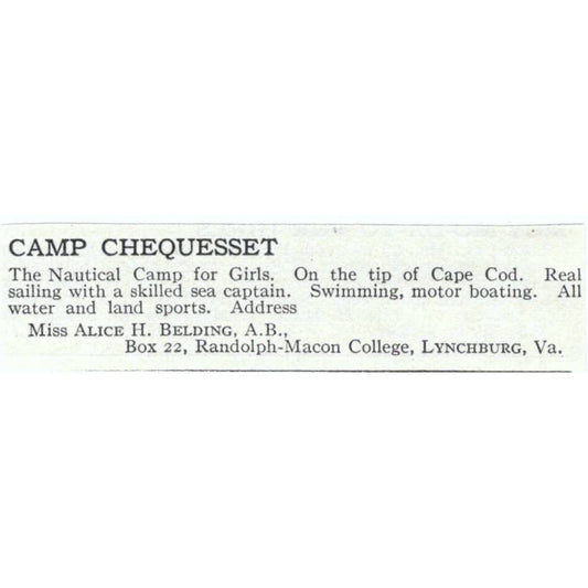 Camp Chequesset Alice H. Belding Cape Cod - 1921 Original Ad TJ7-S6