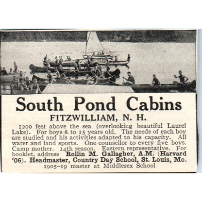 c1920 Harper's Ad - South Pond Cabins Fitzwilliam NH Rollin M. Gallagher EA3-2