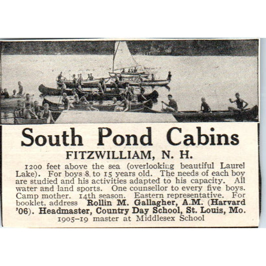 c1920 Harper's Ad - South Pond Cabins Fitzwilliam NH Rollin M. Gallagher EA3-2
