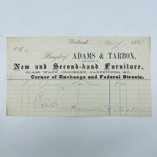 1869 Adams & Tarbox New & Second Hand Furniture Portland ME Billhead AA5