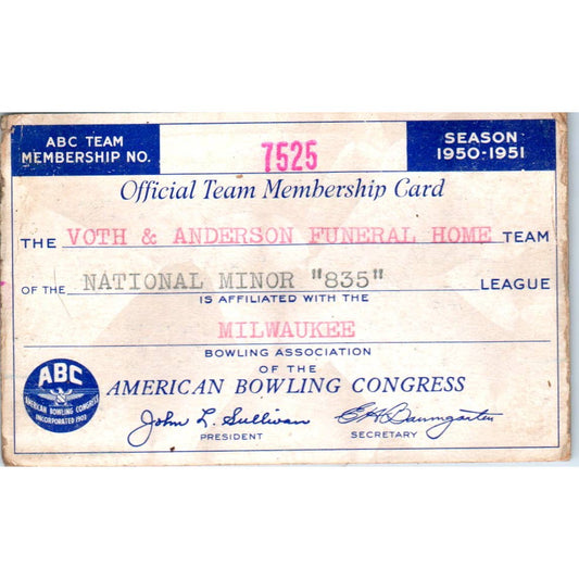 1950 American Bowling Congress Milwaukee Membership National Minor 835 SE5-38