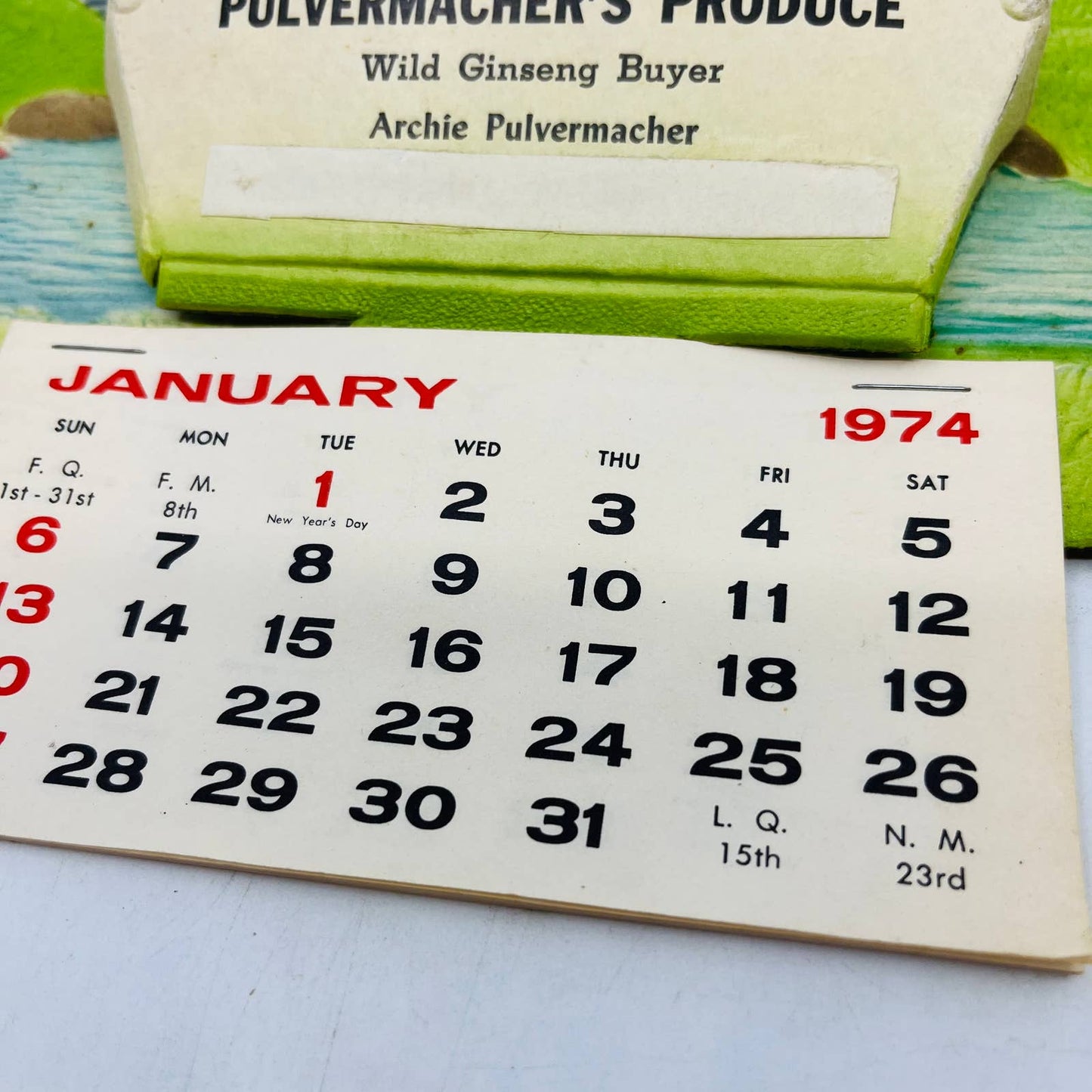 1974 Die Cut Embossed Calendar Pulvermacher Ginseng Buyer Richland Center WI TD3