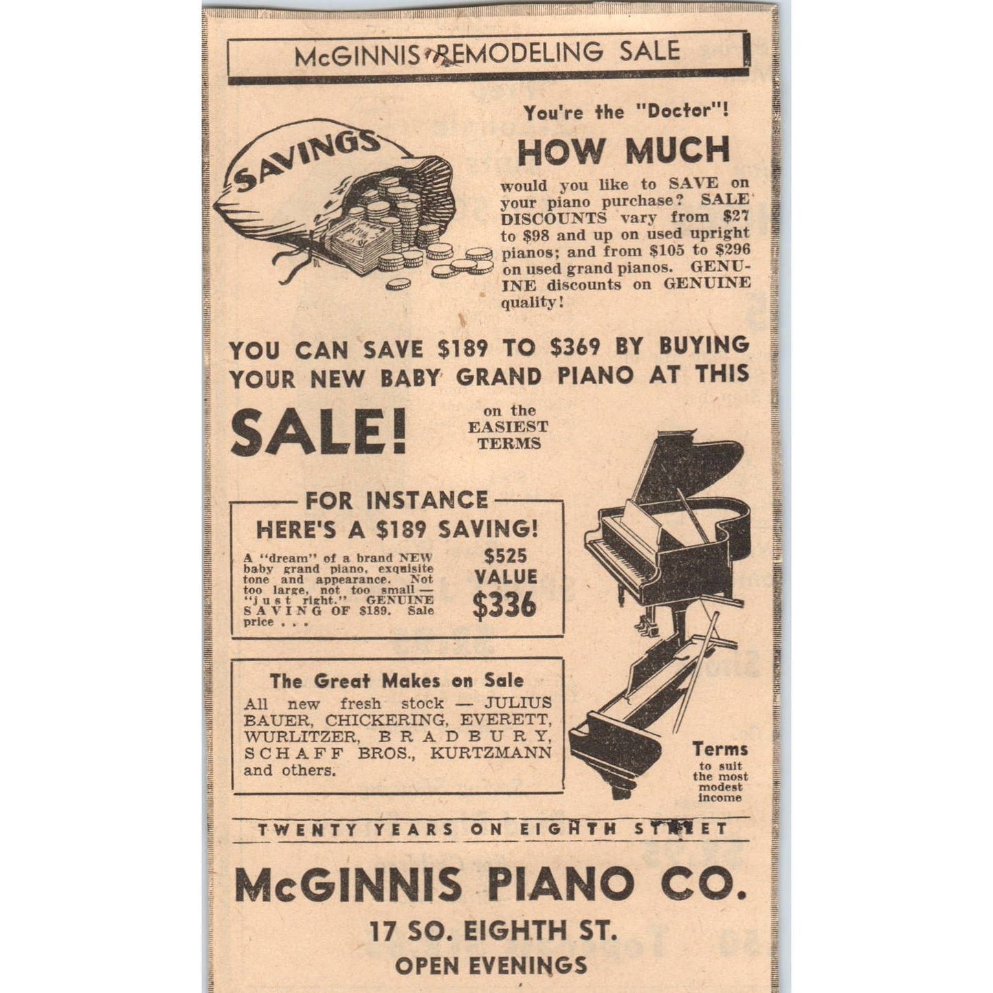 1935 Minneapolis Journal Newspaper Ad McGinnis Piano Co 17 So. 8th St. FL5-3