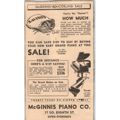 1935 Minneapolis Journal Newspaper Ad McGinnis Piano Co 17 So. 8th St. FL5-3