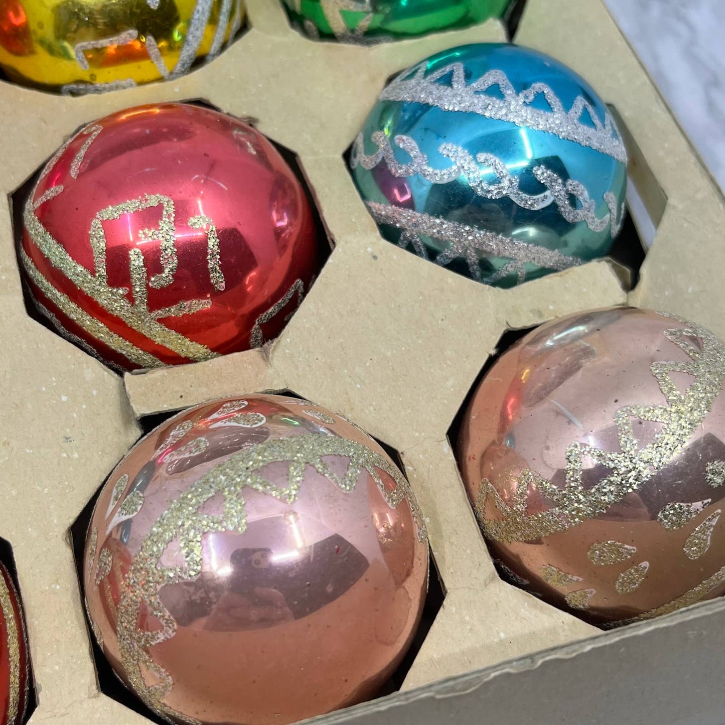 Shiny Brite 12 Vtg 2 1/4" Mercury Glass Ornaments Original Box Mica Stencil OT1