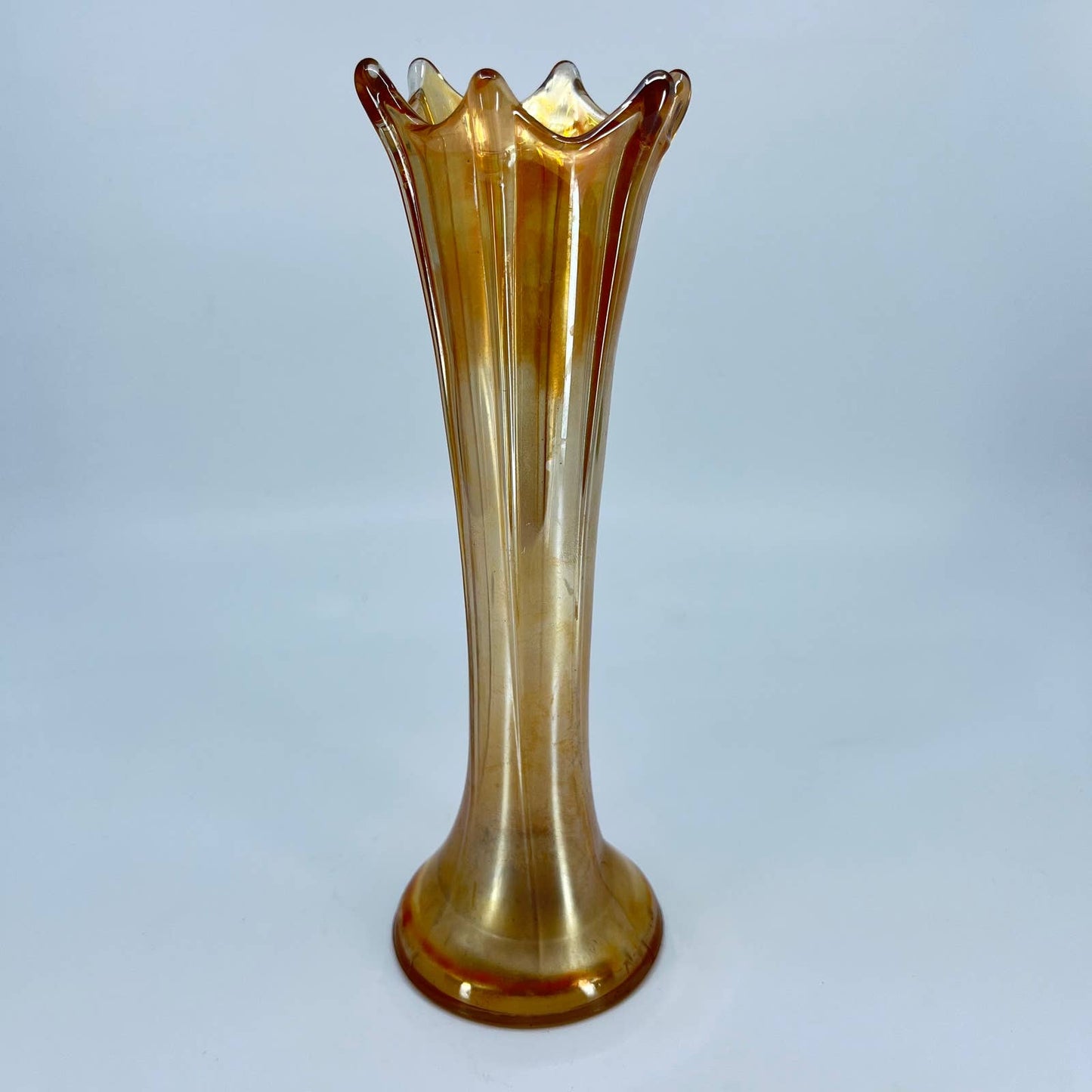 Imperial Glass Marigold Carnival Swung Vase Morning Glory Pattern 8” TD8