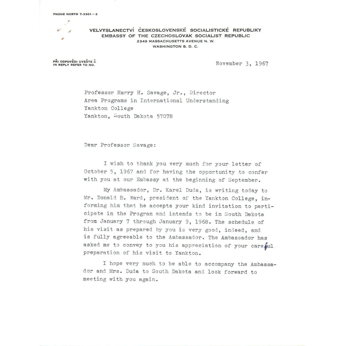 Czechoslovak Embassy Official Letterhead Memo Jaromir Pribyl Nov 3 1967 B15
