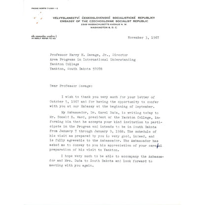 Czechoslovak Embassy Official Letterhead Memo Jaromir Pribyl Nov 3 1967 B15
