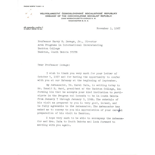 Czechoslovak Embassy Official Letterhead Memo Jaromir Pribyl Nov 3 1967 B15