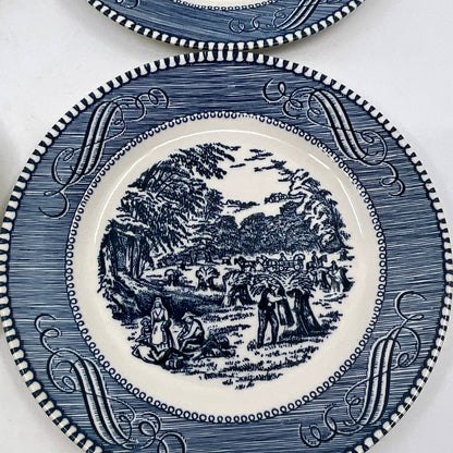 Currier & Ives BLUE Harvest Wheat Royal China Set 4 Dessert Bread Plates 6” TI3
