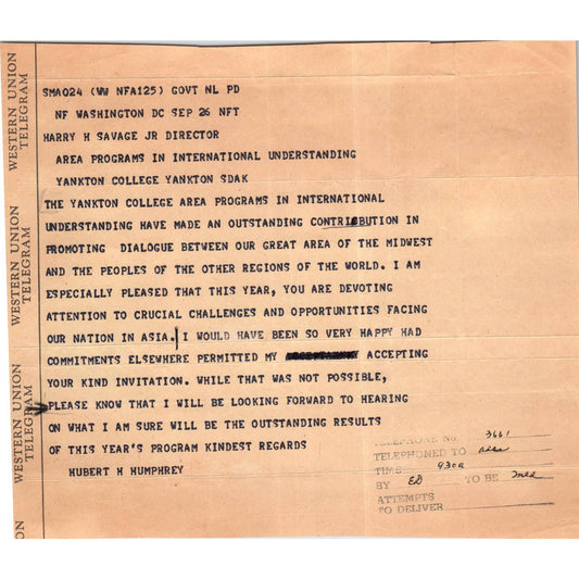 Telegram from Hubert H. Humphrey Re: Yankton College Original Photo 1960s TK1-P6