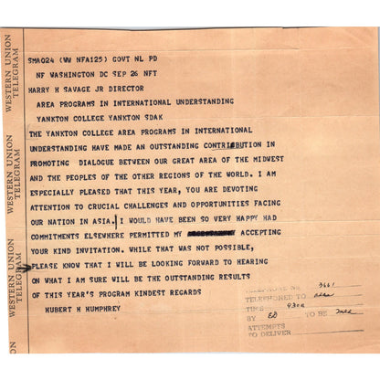 Telegram from Hubert H. Humphrey Re: Yankton College Original 1960s B11